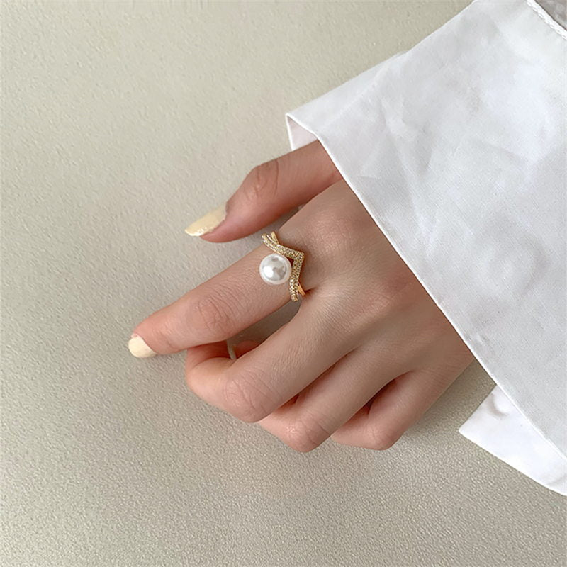 Anillo de perlas en forma de V | Anillo de diamantes con perlas de oro | Anillos ajustables para mujer
