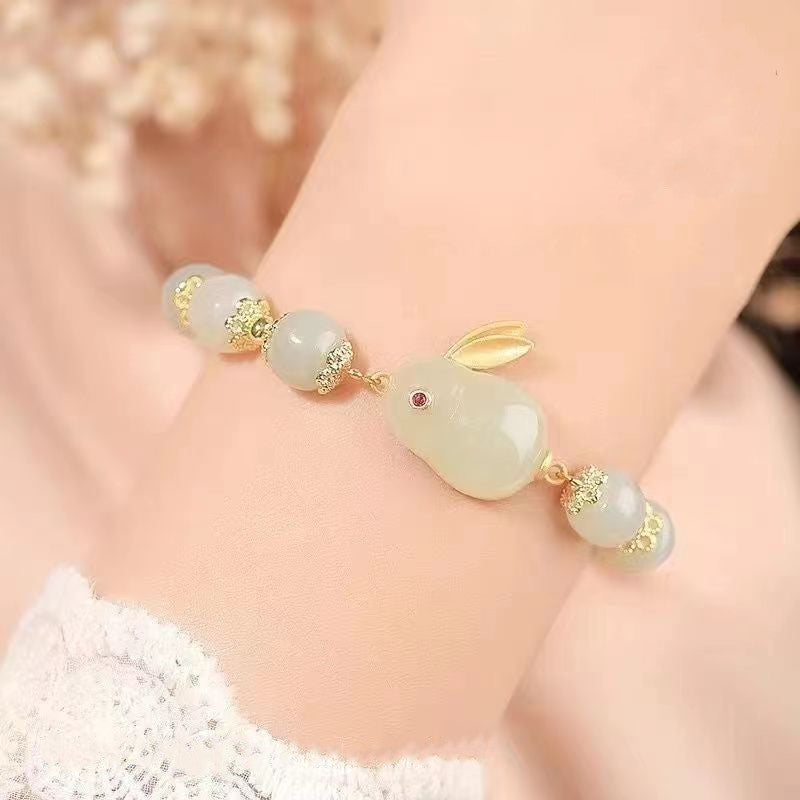8MM Jade Rabbit Bracelet | Elestic Bracelet with 14K Plated Golden Floral Edges | Lucky Year of the Rabbit Jewelry