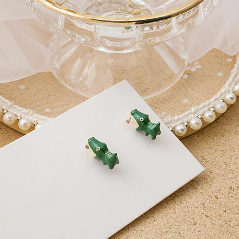 Handmade Cartoon Little Green Dinosaur Stud Earrings