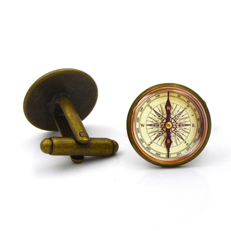 Ancient Compass Time Gem Cuff links French Men's Shirt Sleeve Studs