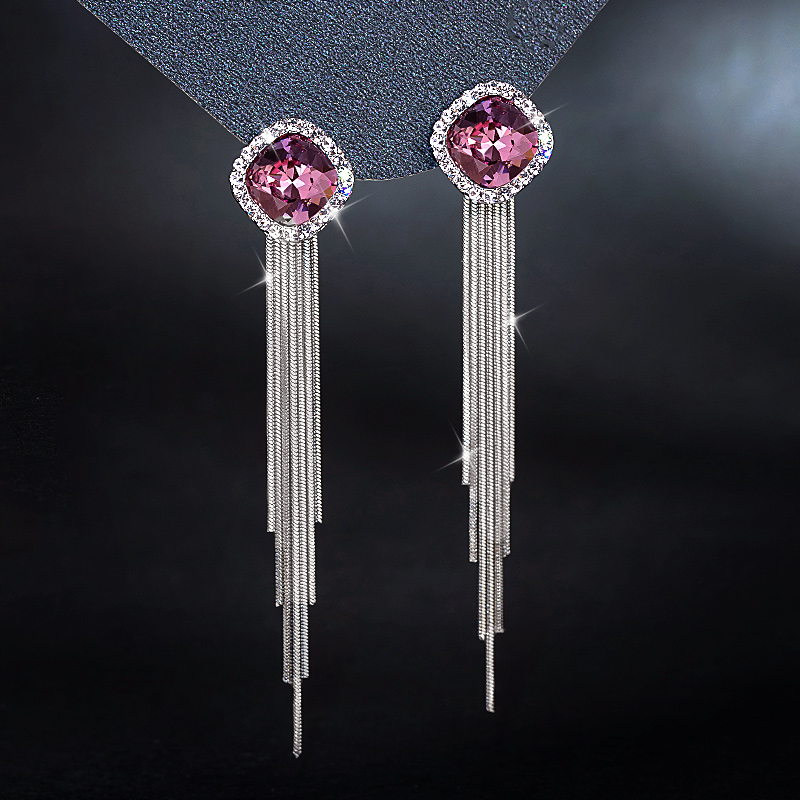 Pendientes colgantes de plata | Pendientes de clip para mujer | Pendientes de Circonitas con Borla de Metal