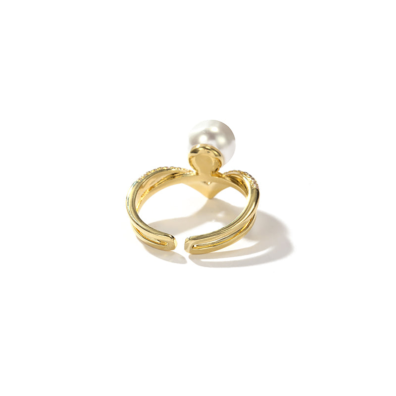 Anillo de perlas en forma de V | Anillo de diamantes con perlas de oro | Anillos ajustables para mujer
