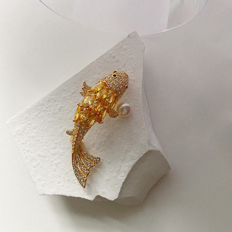 AAA Real Pearl Goldfish Brooch | Freshwater Pearl Brooch with 18K Gold Plated | Luckly Fish Brooch with S925 Sliver Pin