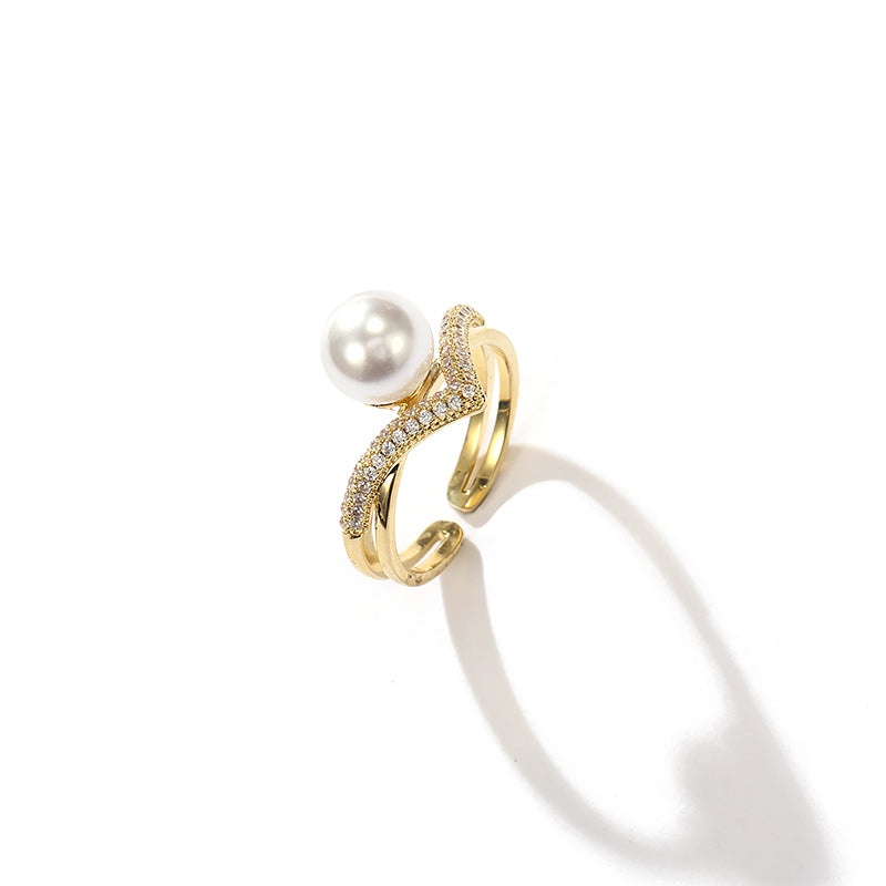 Anillo de perlas en forma de V | Anillo de diamantes con perlas de oro | Anillos ajustables para mujer