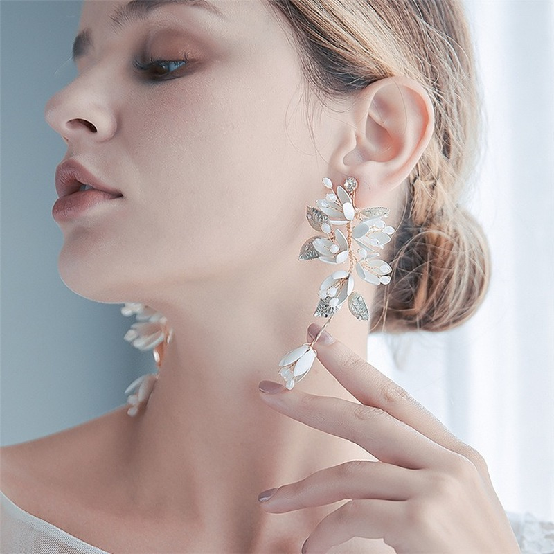 Handmade 14K Gold Plated Flowers Earrings for Wedding Long Pearl Dangling Earrings with Silver Pin