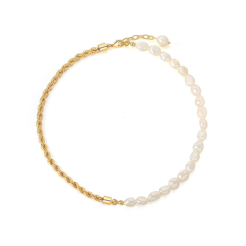 Half Baroque Pearl Necklace | Twisted Chain Necklace in 18K Gold Plated