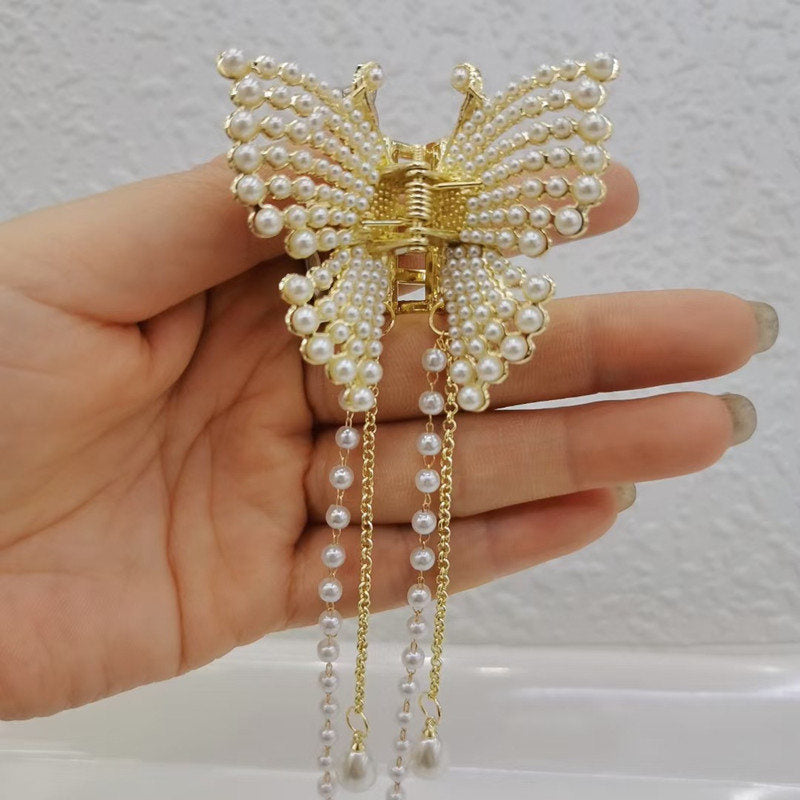 Butterfly Claw Clips | Gold Claw Clip | Hair Claw Clips with Pearl Dangling
