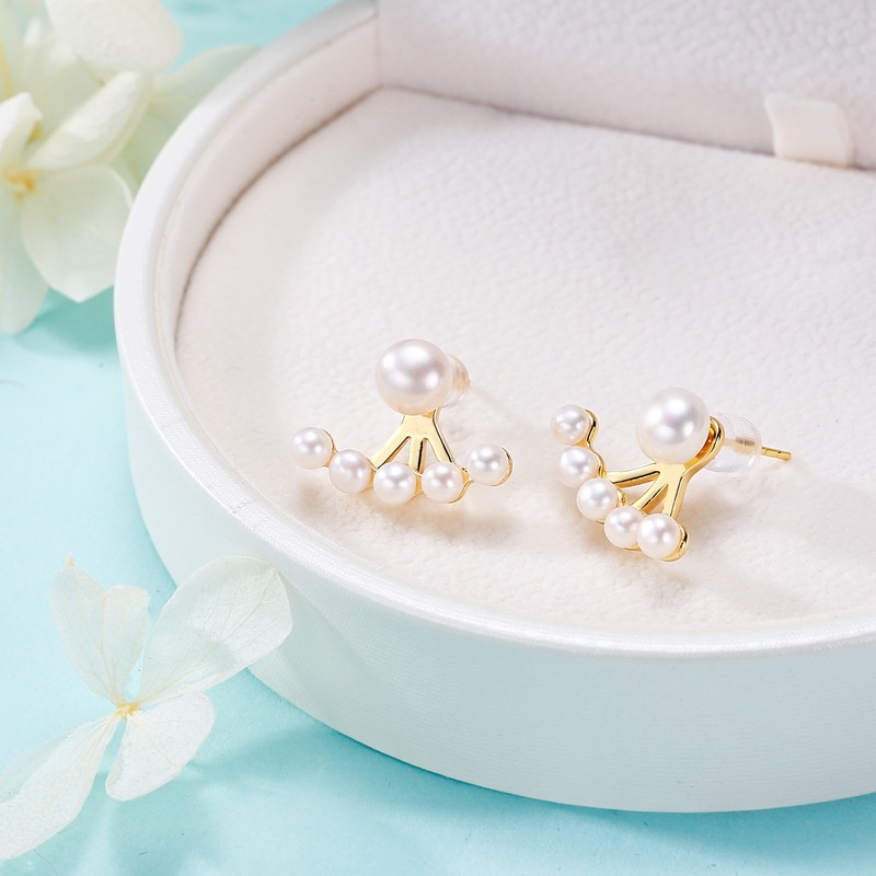 White Freshwater Pearl Earring Jacket Pearl Studs in 14K Gold Plated Silver Pin