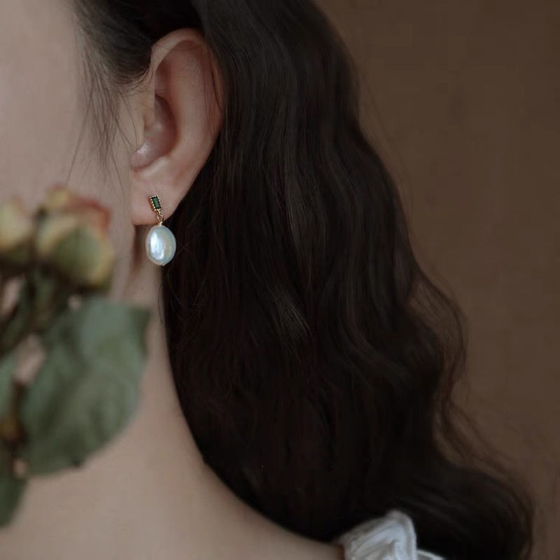 Flat Baroque Pearl Earrings | Real Baroque Pearl Drop Earrings with Sterling Silver Pins (10-11 mm)