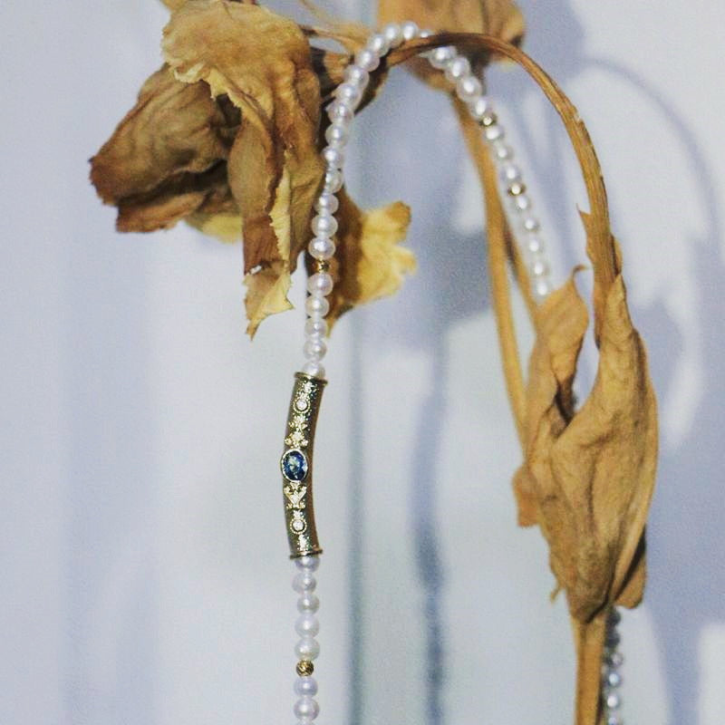 Tiny Pearl Choker | Pearl Choker Necklace | Freshwater Pearl Choker with Humanmade Sapphire