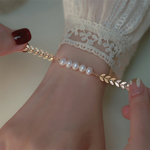 Pearl Bracelet Gold Wheat Ear | Freshwater Pearl Bracelet | Real Pearl Bracelet for Women