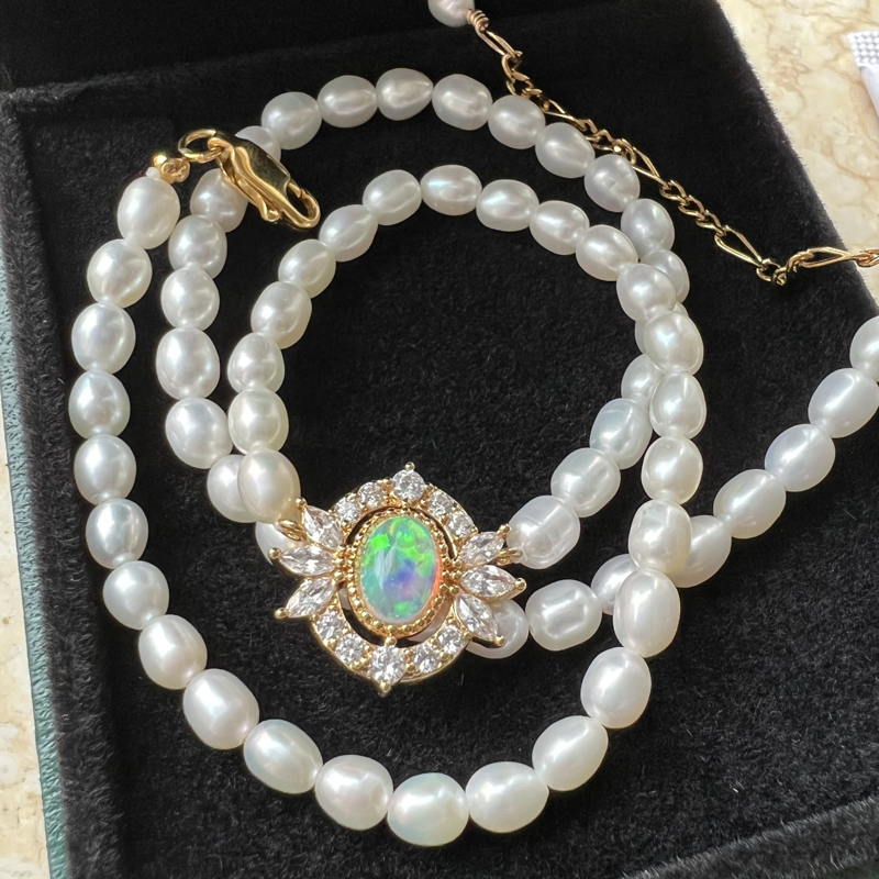 Opal And Real Pearl Choker Necklace | Freshwater Pearl Necklace | Baroque Pearl Necklace