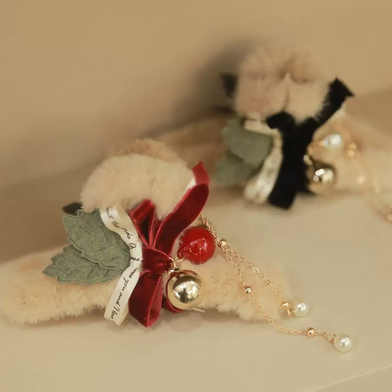 Elegant Christmas Hair Clip Furry Christmas Claw | Hair Claw Clips with Pearl Dangling