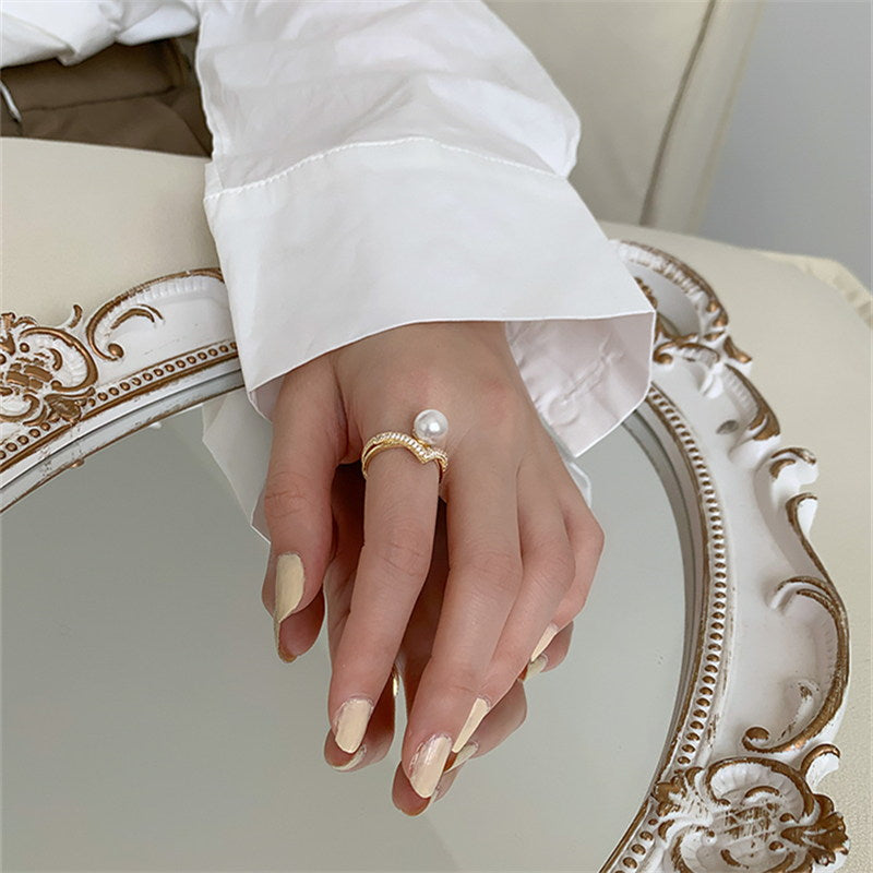 Anillo de perlas en forma de V | Anillo de diamantes con perlas de oro | Anillos ajustables para mujer