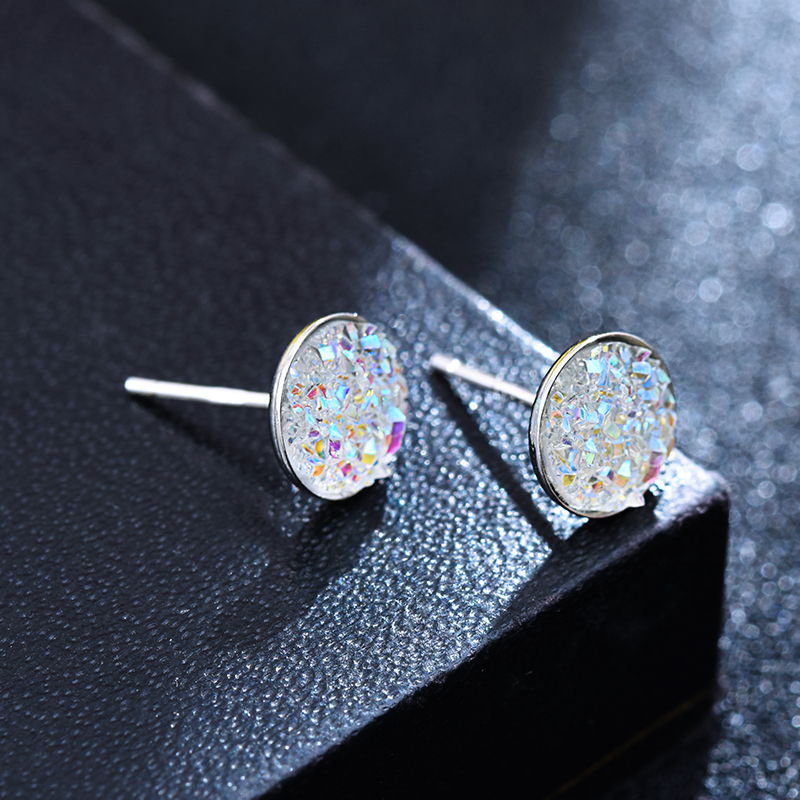 10mm Glitter Crystal Stud Earrings | Drusy Stud Earrings | Sterling Silver Stud Earrings for Men and Women (8mm)