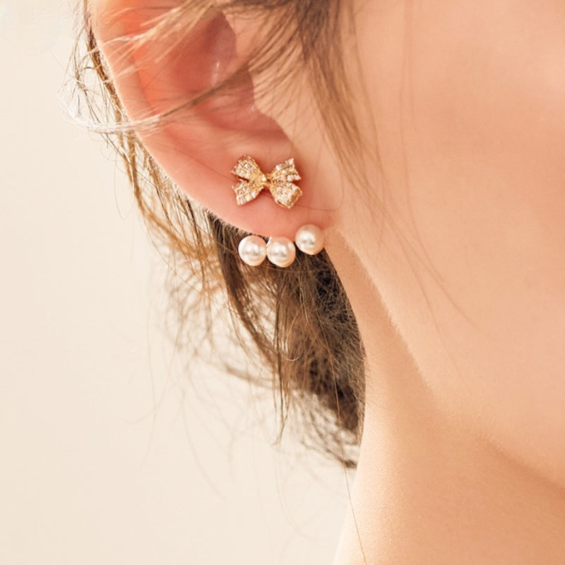 Elegant Bowknot Earring Jacket For Girls Three Pearl Drop Earrings with 14K Gold Over Sterling Silver Pin