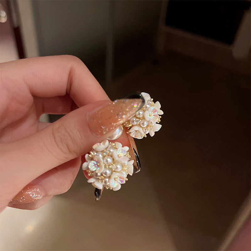Flower Cluster Pearl Stud Earrings | 2 Side Floral Earrings | Pearl Earrings Stud with Sterling Silver Pins
