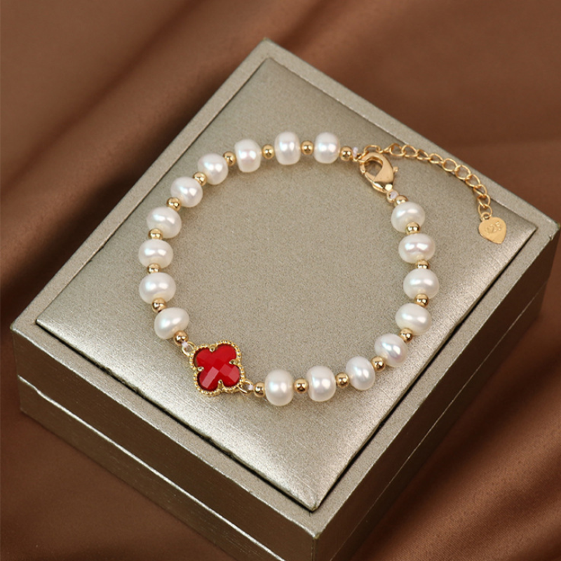 Bracelet en perles d'eau douce et perles d'or de 7 à 8 mm Bracelet en trèfle de cristal Fermoir en or 14 carats sur argent sterling