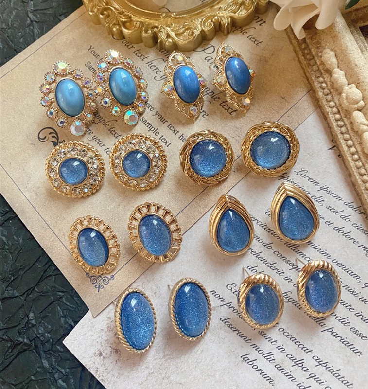 Vintage Style Stud Earrings | Blue Moonstone Stud Earrings Silver Pin