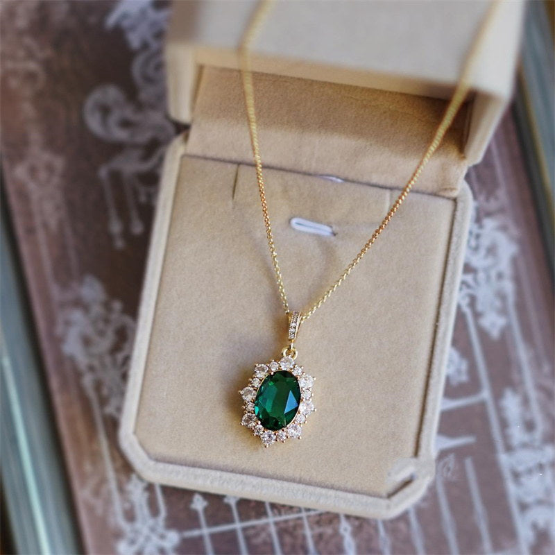 Green Emerald Pendant | Vintage Style Gemstone Emerald Pendant Necklace with 14K Gold Plated Chain
