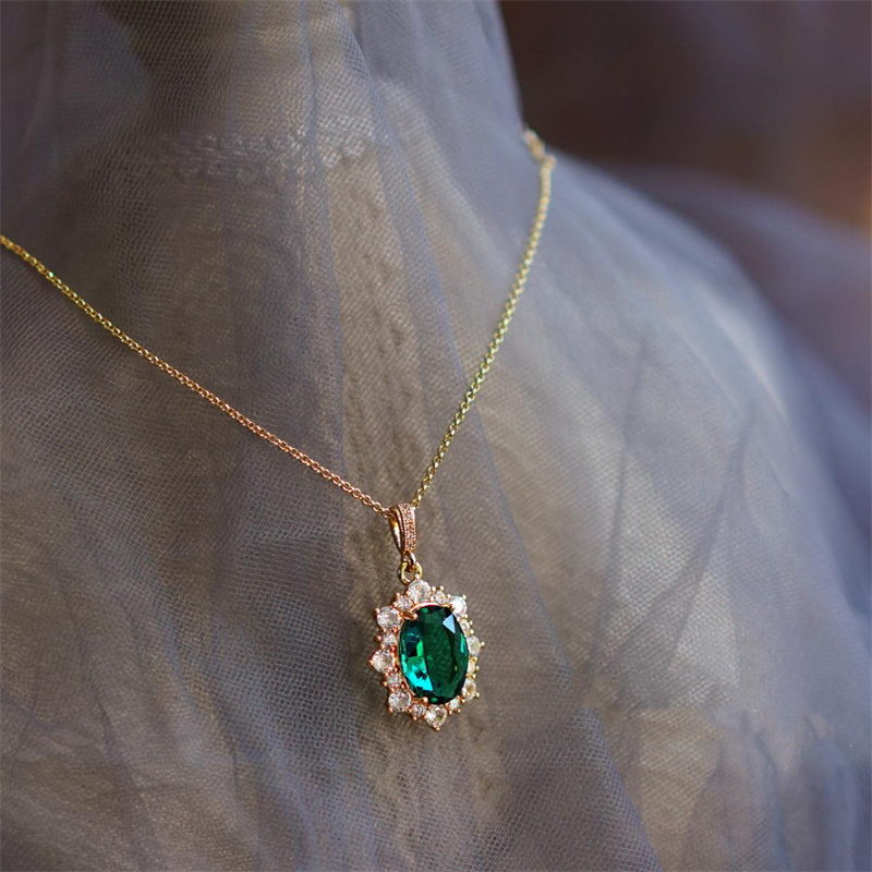 Green Emerald Pendant | Vintage Style Gemstone Emerald Pendant Necklace with 14K Gold Plated Chain