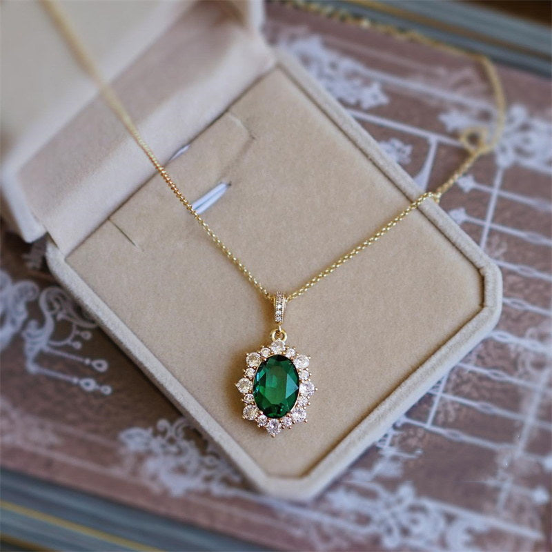 Green Emerald Pendant | Vintage Style Gemstone Emerald Pendant Necklace with 14K Gold Plated Chain