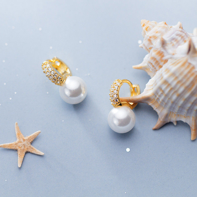 Pearl Drop Earrings | Pearl Huggie Earrings | Pearl Diamond Earrings with Allergy-free pins (12mm)