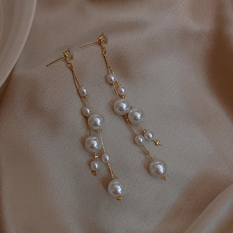 Long Pearl Dangle Earrings Diamond Stud with Pearl Tassel Drop Earrings with Silver Pin