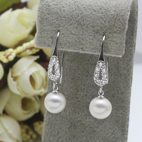 Freshwater Pearl Drop Earrings Round Pearl and Diamond Earrings in Sterling Silver（8-9mm）