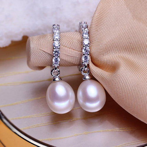 AAA Freshwater Pearl Earrings | Real Pearl Drop Earrings | Pearl Diamond Earrings in Sterling Silver (8-9mm)