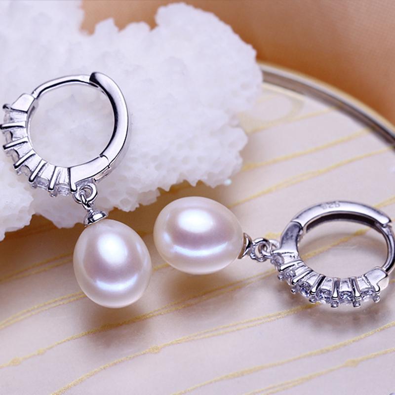 AAA Freshwater Pearl Earrings | Real Pearl Drop Earrings | Pearl Diamond Earrings in Sterling Silver (8-9mm)