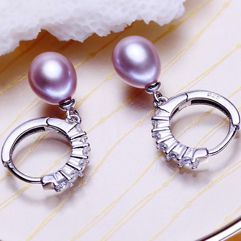 purple silver pearl drop earrings