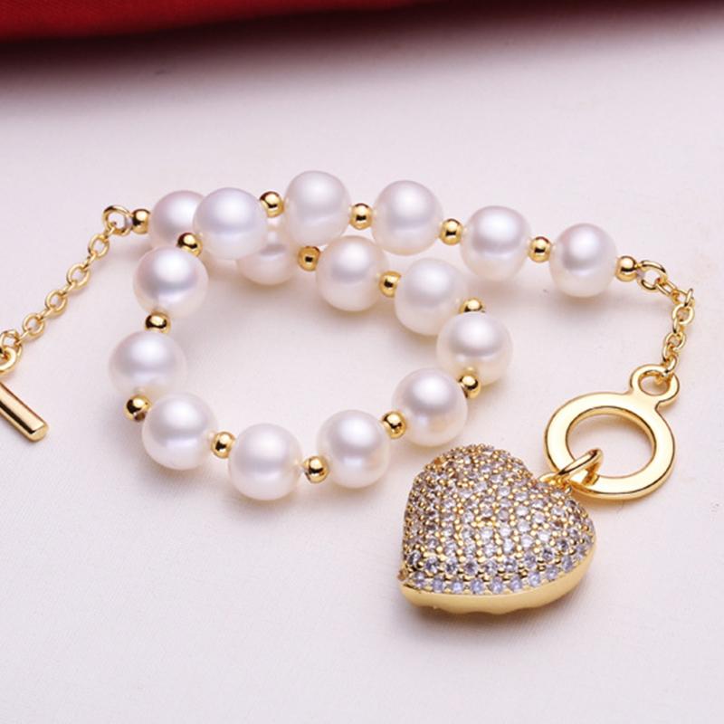 9-10mm Big Love Gold Freshwater Cultured Pearl Bracelet in 14K Gold Over Sterling Silver Clasp 7