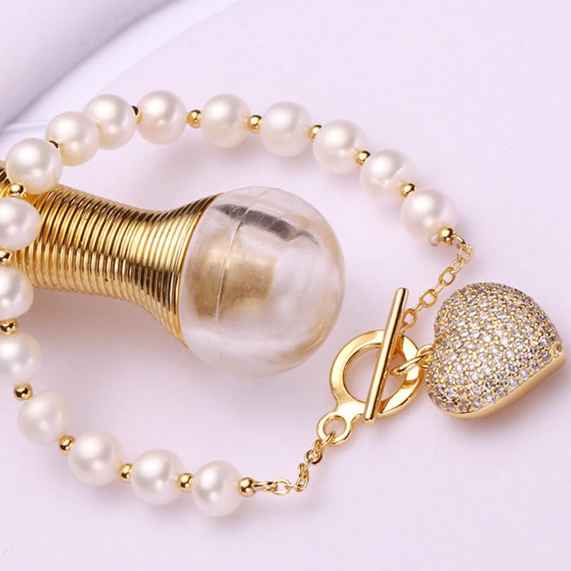 9-10mm Big Love Gold Freshwater Cultured Pearl Bracelet in 14K Gold Over Sterling Silver Clasp 7