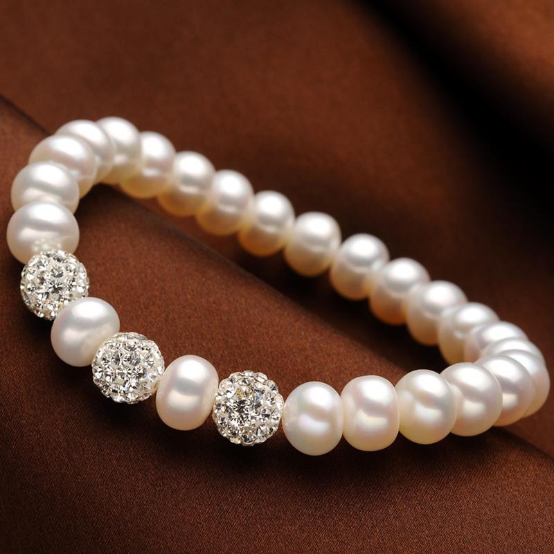 8-9mm Freshwater Cultured Pearl Bracelet with Crystal Ball Adjustable Bracelet