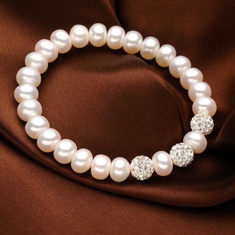 8-9mm Freshwater Cultured Pearl Bracelet with Crystal Ball Adjustable Bracelet