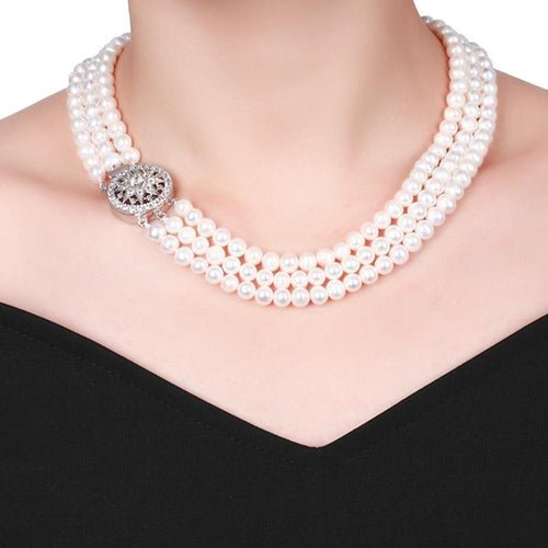 Multi Strand Freshwater Pearl Necklace with Sterling Silver Real Round Pearl (7-8 mm)