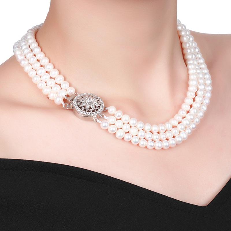 Collier de perles d'eau douce multi-rangs Véritable perle ronde 16 pouces / 42 cm