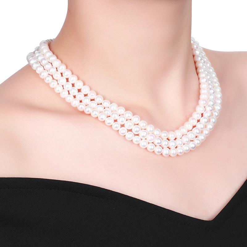 High Luster Cultured Freshwater Pearl Necklace Multi Strand Round Pearl Necklace 3 Strand Necklace with Silver Settings