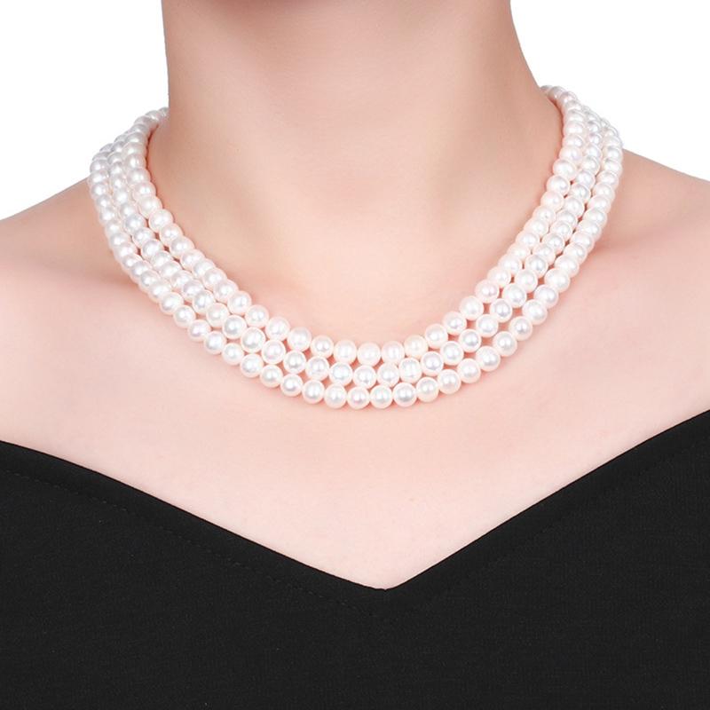 High Luster Cultured Freshwater Pearl Necklace Multi Strand Round Pearl Necklace 3 Strand Necklace with Silver Settings