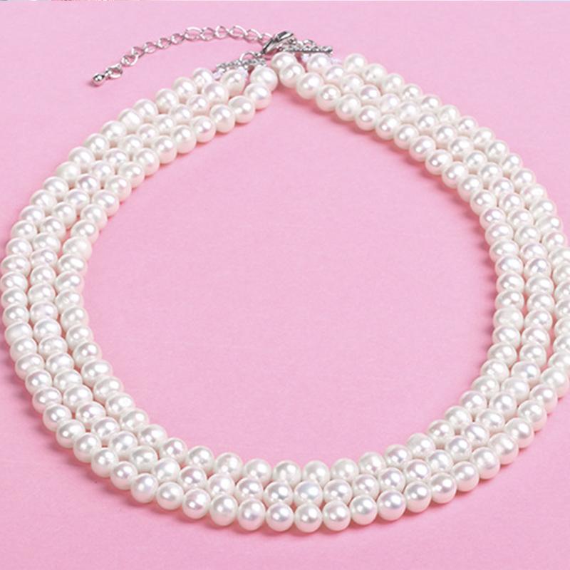 High Luster Cultured Freshwater Pearl Necklace Multi Strand Round Pearl Necklace 3 Strand Necklace with Silver Settings