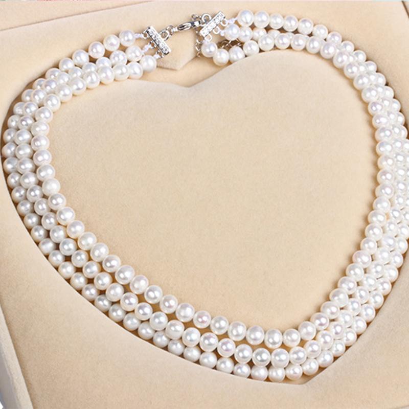 High Luster Cultured Freshwater Pearl Necklace Multi Strand Round Pearl Necklace 3 Strand Necklace with Silver Settings