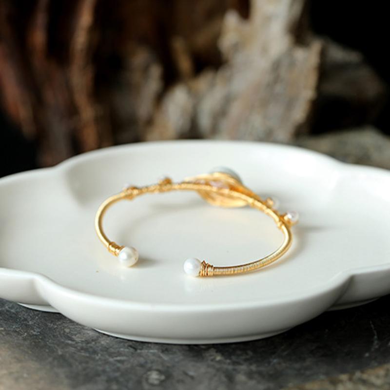 Cultured Freshwater Pearl Bangle Jade Bracelet in 14k Gold Over Sterling Silver 7