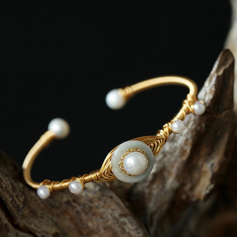 Cultured Freshwater Pearl Bangle Jade Bracelet in 14k Gold Over Sterling Silver 7