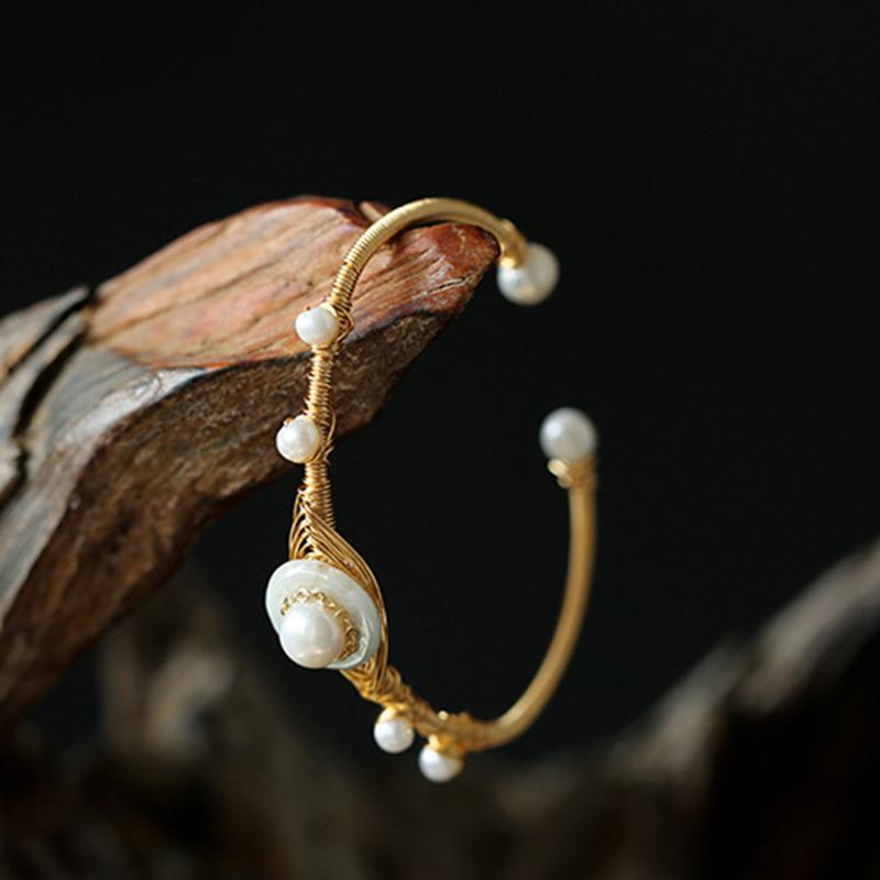 Cultured Freshwater Pearl Bangle Jade Bracelet in 14k Gold Over Sterling Silver 7