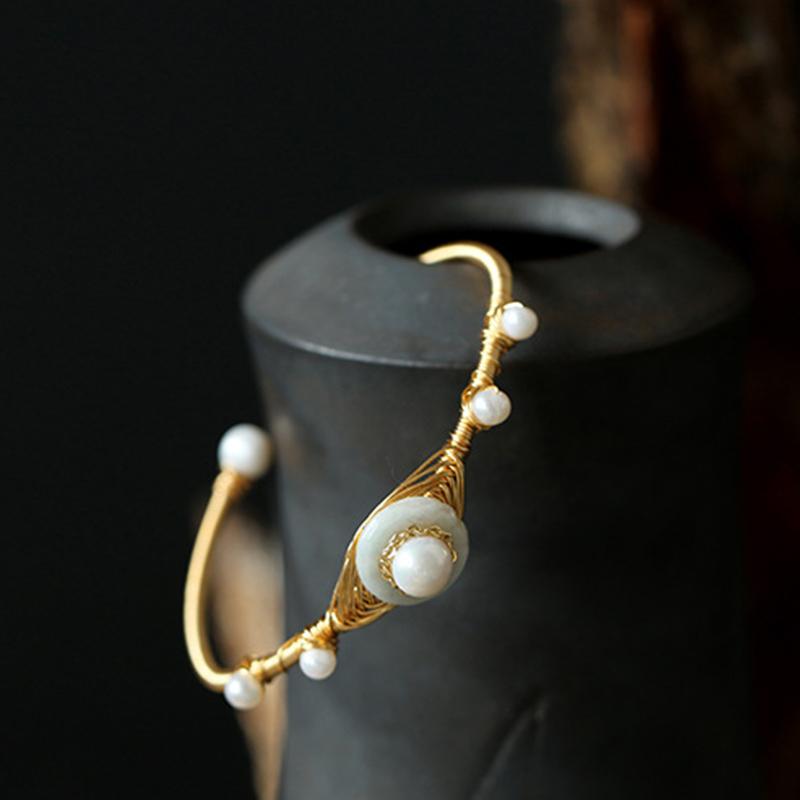 Cultured Freshwater Pearl Bangle Jade Bracelet in 14k Gold Over Sterling Silver 7