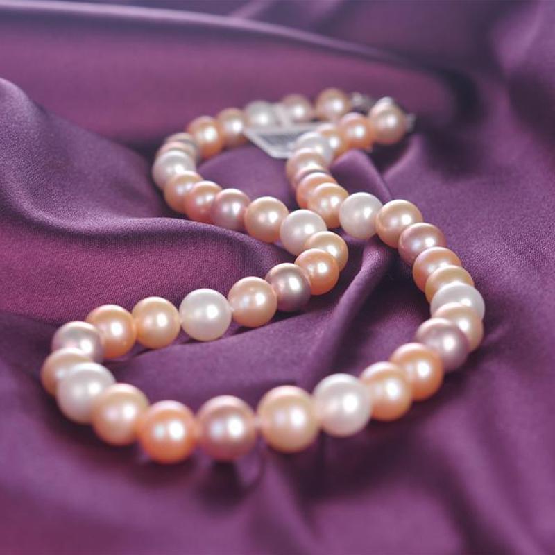AAA Freshwater Pearl Necklace 9-10mm Multicolor Pearl Strand Necklace with Sterling Silver Clasp