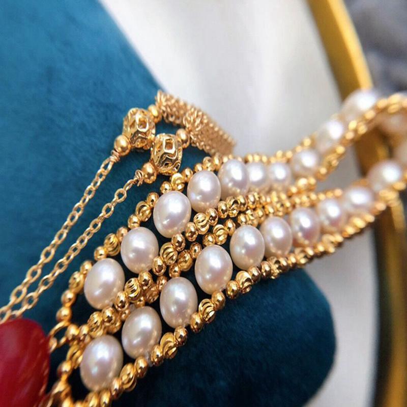 Vintage Style Knit Real Cultured Pearl Multi Strand Bracelet in 14K Gold Over Sterling Silver