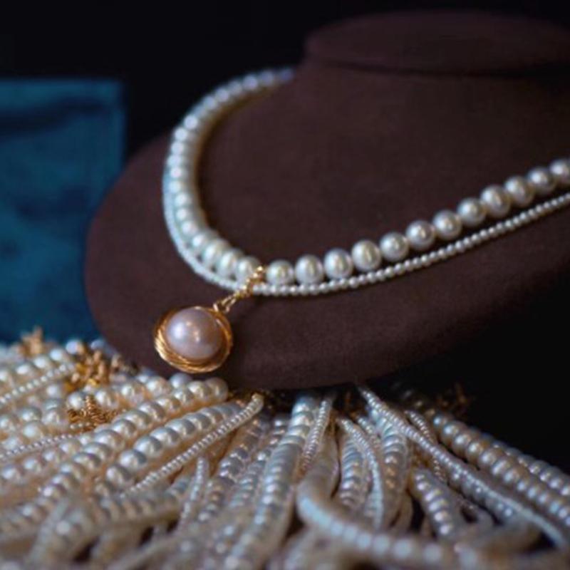 8-9 mm Cultured Freshwater Double Strand Pearl Pendant Necklace in 14k Gold Over Sterling Silver