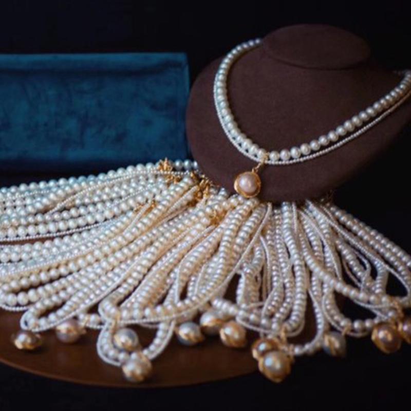 8-9 mm Cultured Freshwater Double Strand Pearl Pendant Necklace in 14k Gold Over Sterling Silver